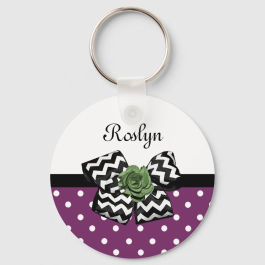 Kute Paarse Stippen Green Roos Chevron Bow met naa Sleutelhanger (Voorkant)