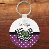 Kute Paarse Stippen Green Roos Chevron Bow met naa Sleutelhanger (Voorkant)