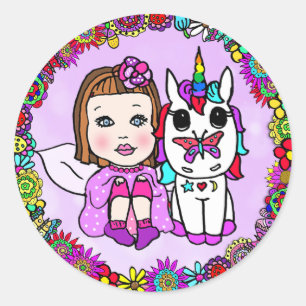 Kute Paarse Unicorn en Fairy Floral border Ronde Sticker