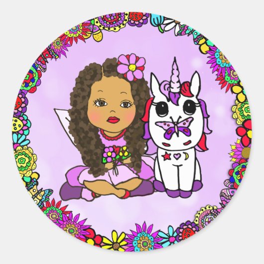 Kute Paarse Unicorn en Fairy Floral border Ronde Sticker (Voorkant)