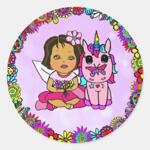 Kute Paarse Unicorn en Fairy Floral border Ronde Sticker