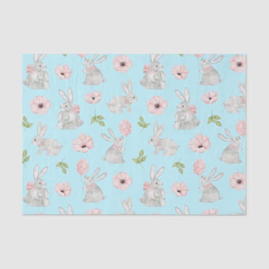 Kute paasBunnies en Spring Flowers Blue Tissuepapier (Voorkant)