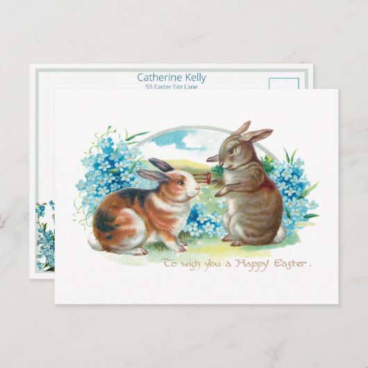 Kute paasbunnies en vergeet-me-nots briefkaart (Voorkant / Achterkant)