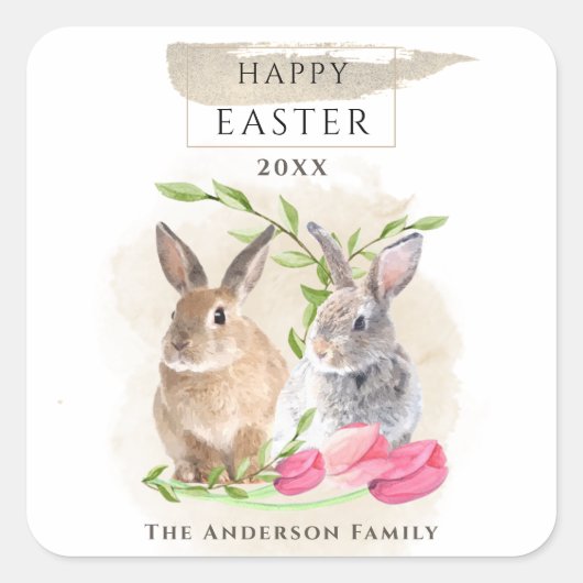 Kute paasbunnies | Happy Easter Waterverf Art Vierkante Sticker (Voorkant)