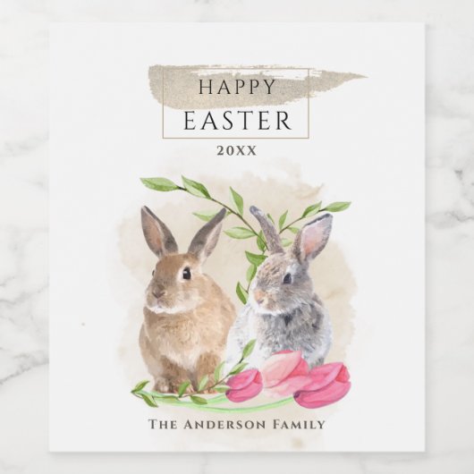 Kute paasbunnies | Happy Easter Waterverf Art Wijn Etiket (Enkel label)