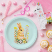 Kute paasbunny & Flowers op Light Blue Papieren Bordje (Feest)