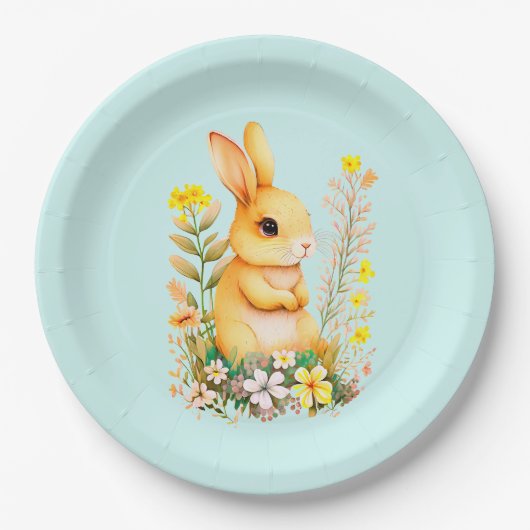 Kute paasbunny & Flowers op Light Blue Papieren Bordje (Voorkant)