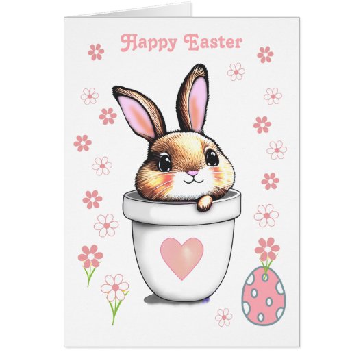 Kute paasbunny Plant Pot & Roze Flowers (Voorkant)