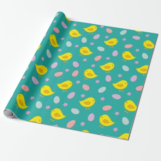 Kute Paaseieren Chicken Spring Pattern Blauwgroen  Cadeaupapier (Uitgerold)