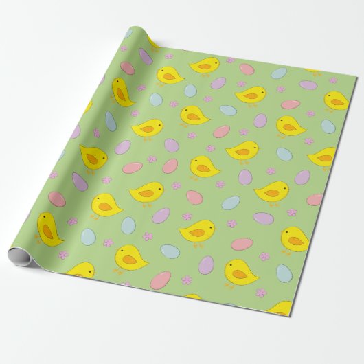 Kute Paaseieren Chicken Spring Pattern Green Cadeaupapier (Uitgerold)