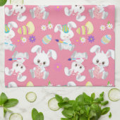 Kute paashaas die eitjes roze lentekbloem schilder theedoek (Gevouwen)