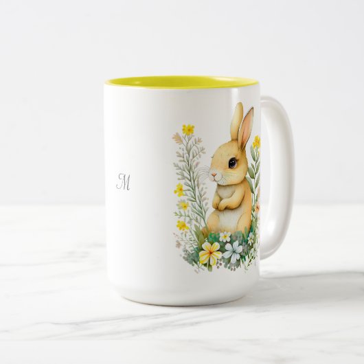 Kute paashaas en monogram op wit tweekleurige koffiemok (Voorkant rechts)