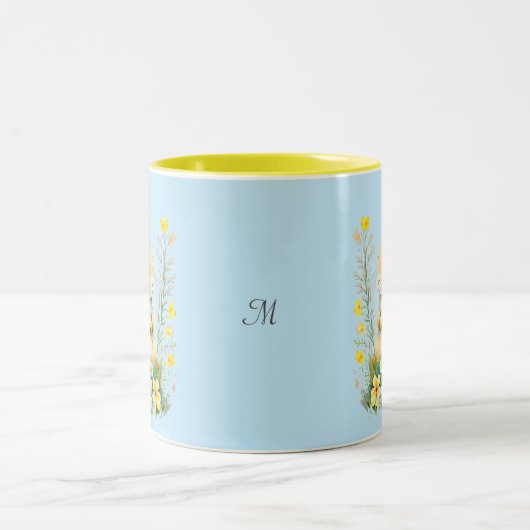 Kute paashaas met bloemen en monogram tweekleurige koffiemok (Center)