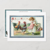 Kute paashoen, rooster en meisje briefkaart (Voorkant / Achterkant)