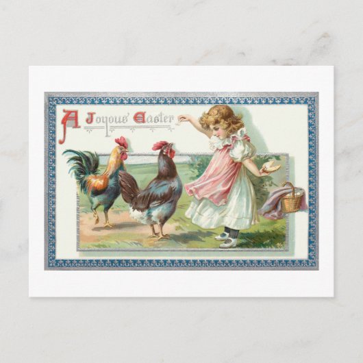 Kute paashoen, rooster en meisje briefkaart (Voorkant)