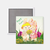 Kute  paaskonijn en tulpbloemen magneet (Voorkant / Achterkant)