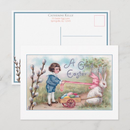 Kute  paaskonijn, jongen, eieren in de wc briefkaart (Voorkant / Achterkant)