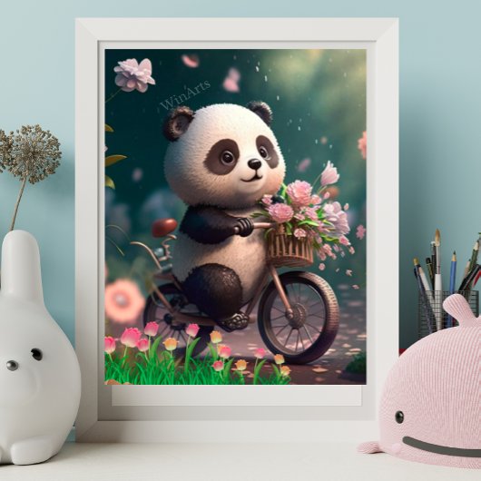 Kute Panda die op een fiets rijdt met bloemen Kuns Poster