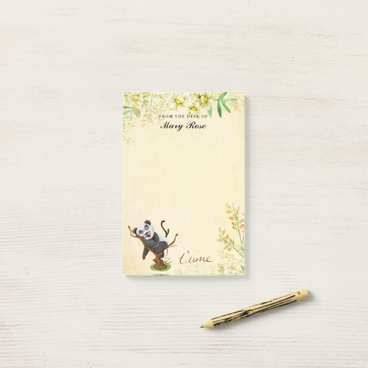 Kute Panda met gele bloemen na het bericht Post-it® Notes (Op bureau)