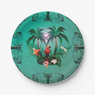 Kute papegaai met bloemen en palm papieren bordje