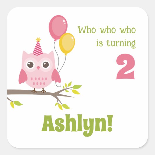 Kute Party Owl die 2 tweede verjaardag draait Vierkante Sticker (Voorkant)
