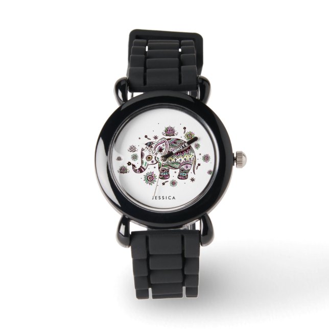 Kute pasta kleuren Floral Elephant Horloge (Voorkant)