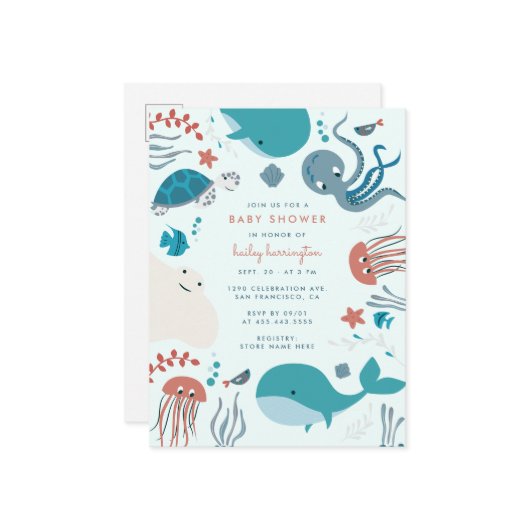 Kute pasta onder het Baby shower Zee Uitnodiging Briefkaart (Voorkant / Achterkant in situ)