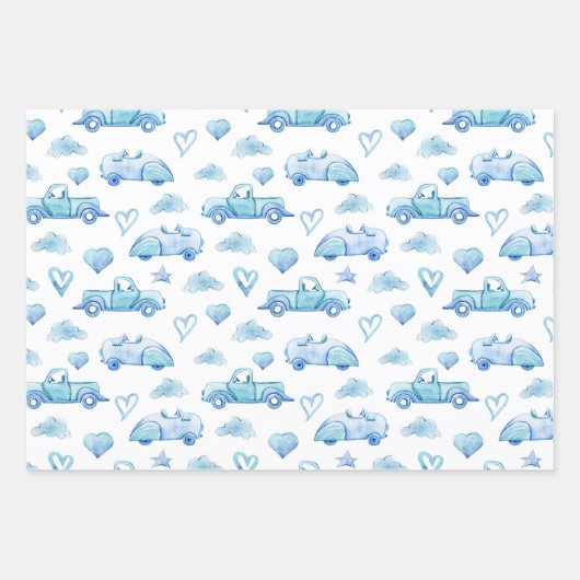 Kute pastel Baby Boy Blue Trucks Clouds Hearts Inpakpapier Vel (Voorkant)