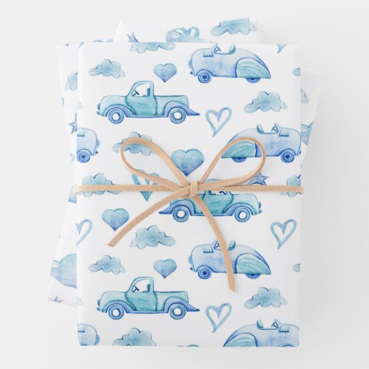 Kute pastel Baby Boy Blue Trucks Clouds Hearts Inpakpapier Vel (In situ)