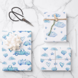 Kute pastel Baby Boy Blue Trucks Clouds Hearts Inpakpapier Vel