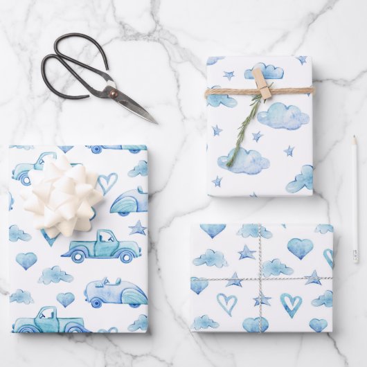 Kute pastel Baby Boy Blue Trucks Clouds Hearts Inpakpapier Vel (Voorkant)