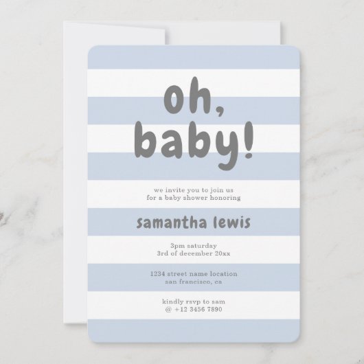 Kute Pastel Blue Stripes Oh Baby Boy Shower Kaart (Voorkant)