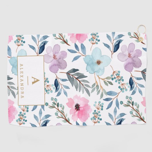 Kute Pastel Blue Waterverf Flowers Monogram Golfhanddoek (Horizontaal)