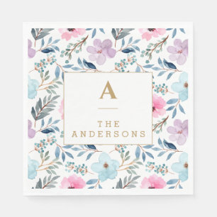 Kute Pastel Blue Waterverf Flowers Monogram Servet