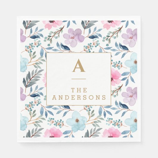 Kute Pastel Blue Waterverf Flowers Monogram Servet (Voorkant)