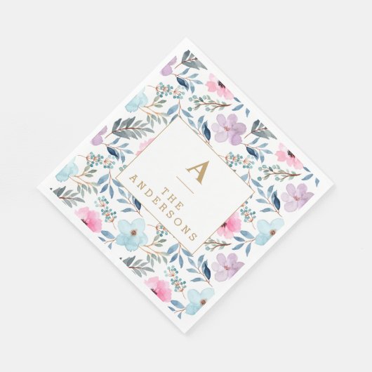 Kute Pastel Blue Waterverf Flowers Monogram Servet (Hoek)