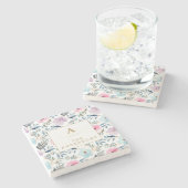 Kute Pastel Blue Waterverf Flowers Monogram Stenen Onderzetter (Zijkant)
