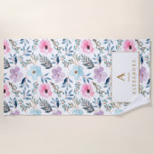Kute Pastel Blue Waterverf Flowers Monogram Strandlaken (Voorkant)