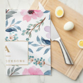 Kute Pastel Blue Waterverf Flowers Monogram Theedoek (Quarter Fold)