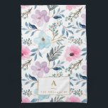 Kute Pastel Blue Waterverf Flowers Monogram Theedoek<br><div class="desc">Kute Pastel Light Blue en Roze Waterverf Flowers Pattern Kitchen Towel</div>