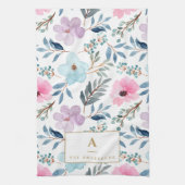 Kute Pastel Blue Waterverf Flowers Monogram Theedoek (Verticaal)