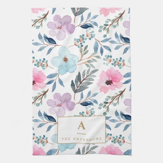 Kute Pastel Blue Waterverf Flowers Monogram Theedoek (Verticaal)