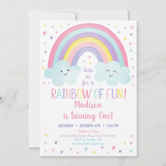 Kute pastel regenboogwolken eerste verjaardag kaart (Voorkant)