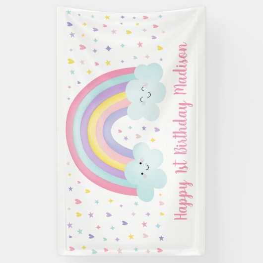 Kute pastel regenboogwolken eerste verjaardag spandoek (Verticaal)