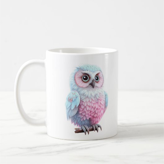Kute Pastel Roze en Blauwe Cartoon Owl Koffiemok (Links)