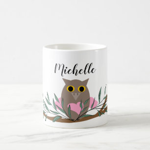 Kute Pastel Roze Heart Owl on Branch Personalized Koffiemok