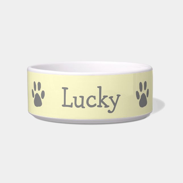 Kute Pastel Yellow en Grey Paw Print Pet Voerbakje (Voorkant)