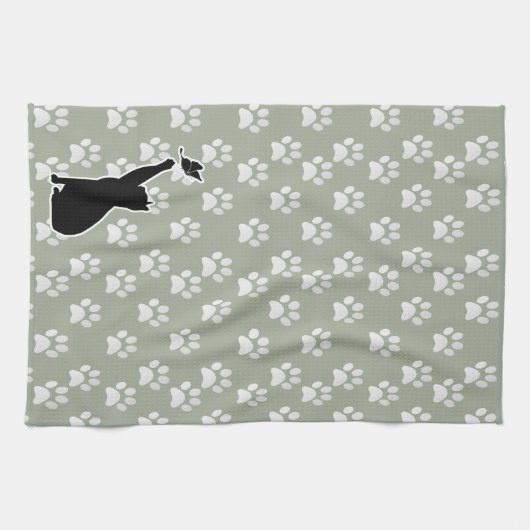 Kute Paw Pattern Cat Chasing a vlinder Theedoek (Horizontaal)