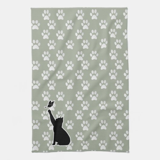 Kute Paw Pattern Cat Chasing a vlinder Theedoek (Verticaal)