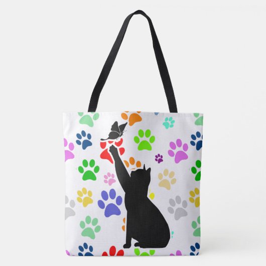 Kute Paw Pattern Cat Chasing a vlinder Tote Bag (Voorkant)